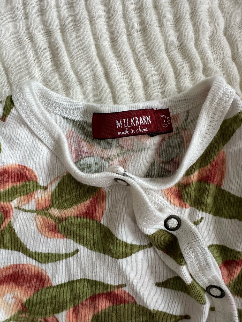 Milkbarn Peach & Leaf Print Footed One-Piece in White - Picture 3 of 3